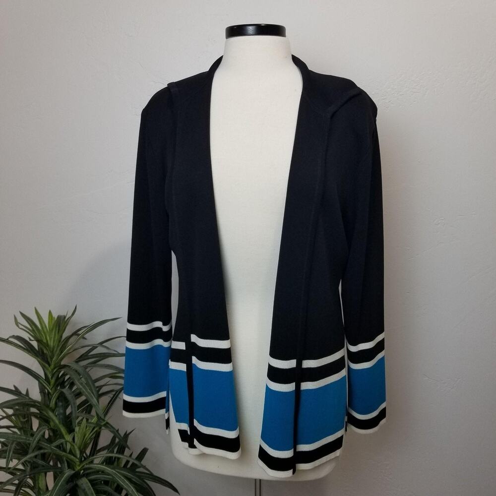 Misook Cardigan Sweater Womens Large Black Blue Stripe Knit Open Front Collared